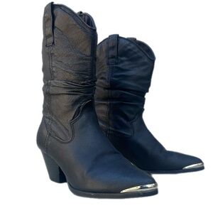 Dingo Black Leather Western Cowboy Slouch Boots 7M – Metal Toe Cap, Block Heel